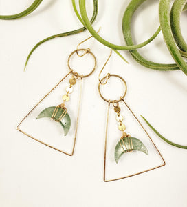 Prehnite Crescent Moon gemstones on tiny hold discs framed in gold Gemstone earrings Shay D. Design