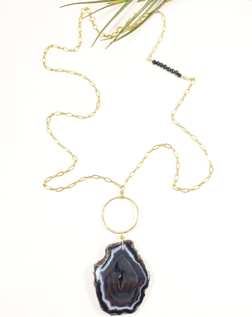 Gemstone Necklace - Black Line Agate Gemstone Pendant Necklace - Shay D. Design