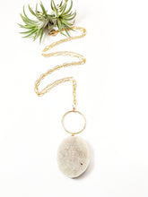 Load image into Gallery viewer, Druzy Quartz Gemstone pendant necklace on long gold layering Chain Gold Ring
