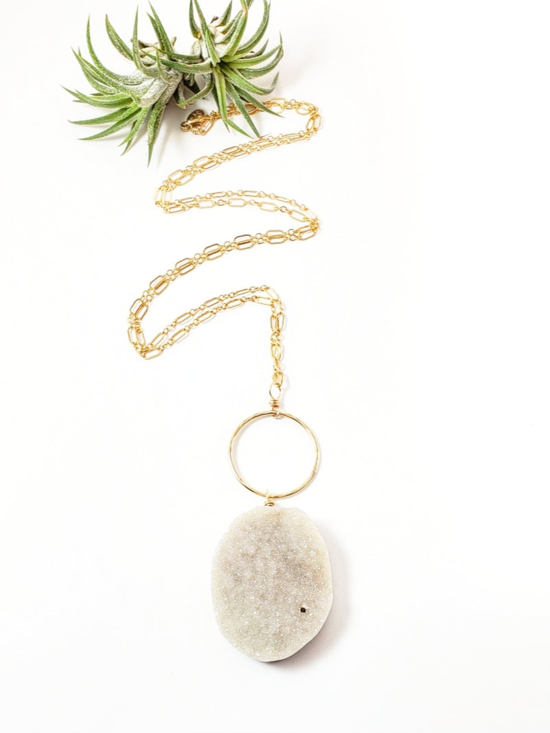 Druzy Quartz Gemstone pendant necklace on long gold layering Chain Gold Ring