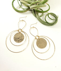 All hand cut/hammered 14k gold-filled metalwork in Gold Hoops