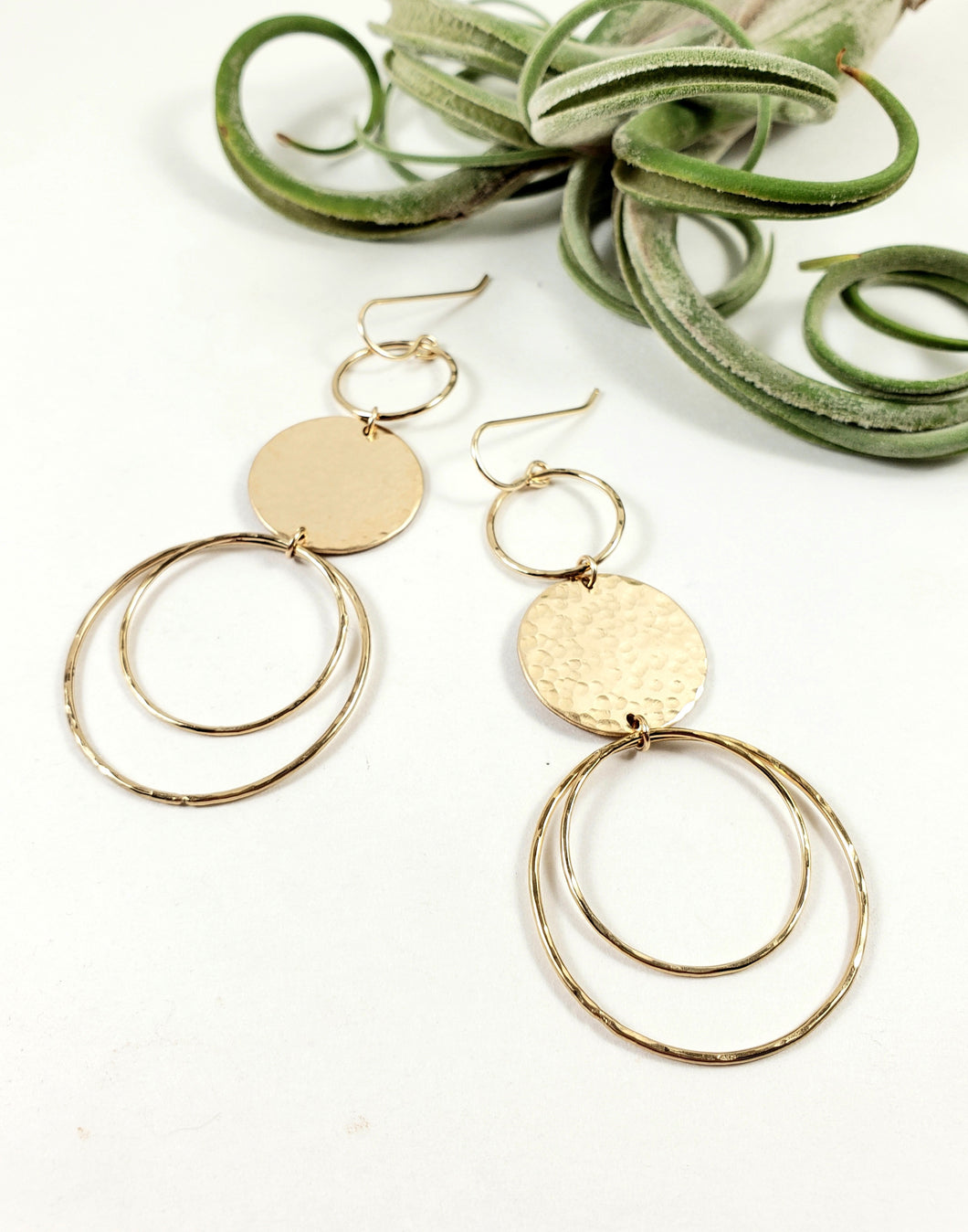 All hand cut/hammered 14k gold-filled metalwork in Gold Hoops