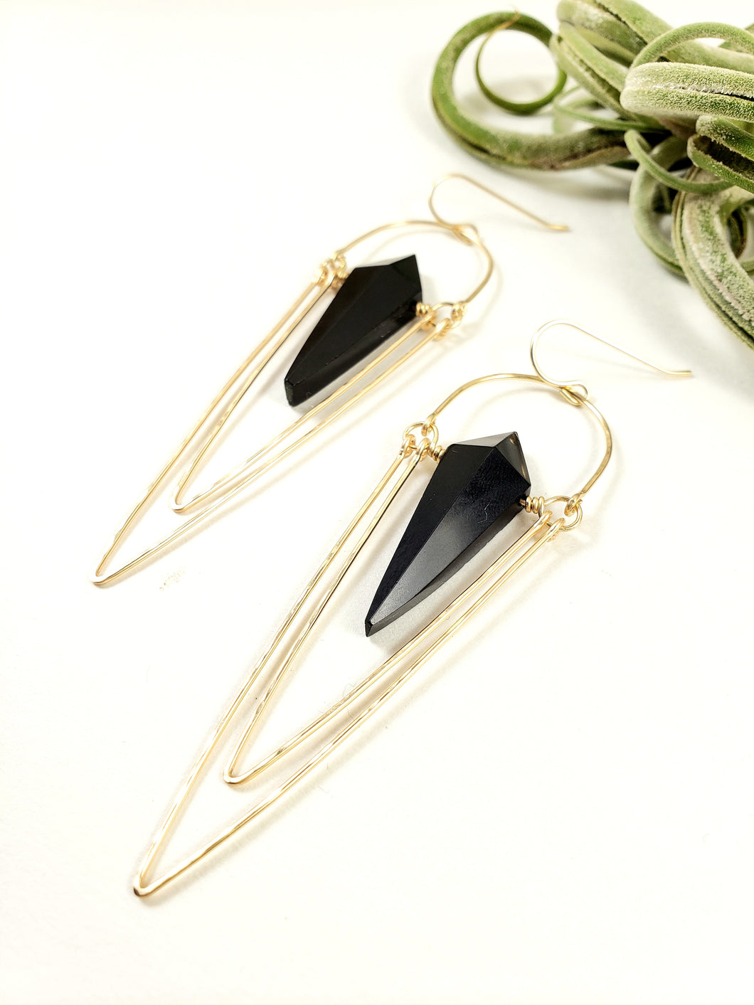 Black Onyx Gemstones in Hammered 14k gold earrings Art Deco Earrings - Shay D. Design