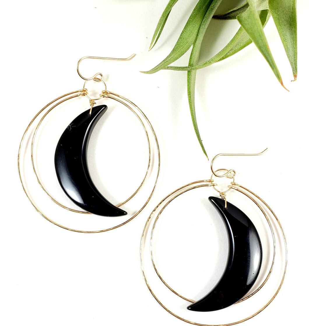Crescent Moon Earrings - Black Onyx Moon Hoops Gemstones on 14k gold  - Shay D. Design