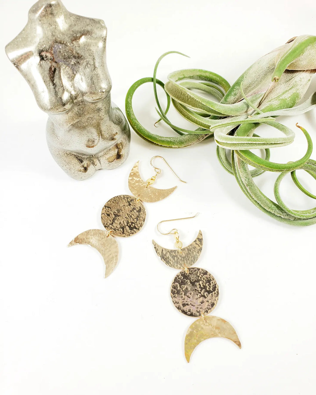 TRIPLE MOON GODDESS - Gold Moon Earrings Hand Cut and Hammered 14k gold-fill - Shay D. Design